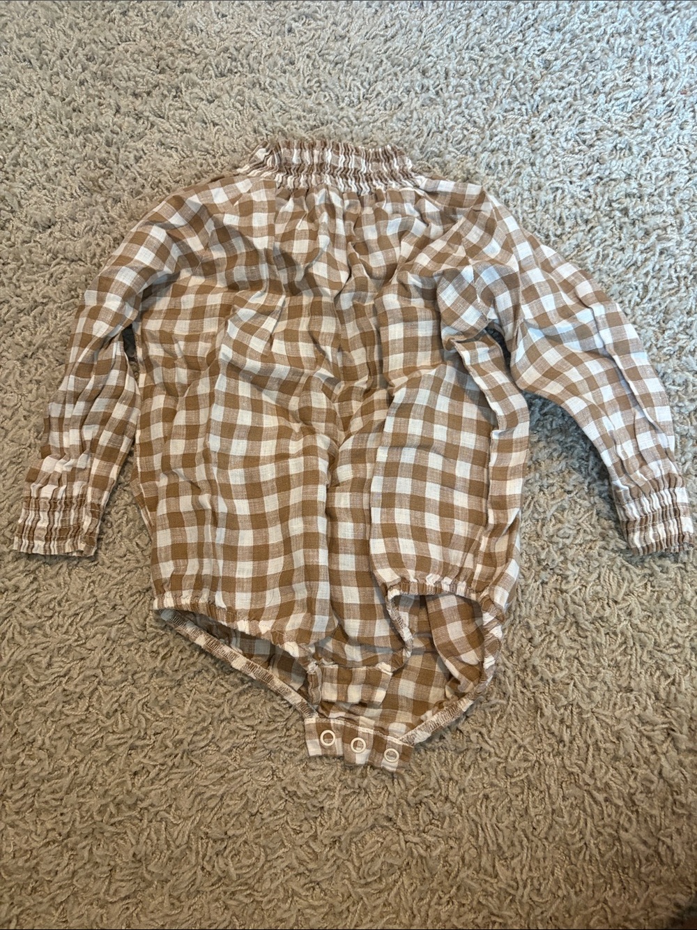 Gingham Smocked Neck Long-Sleeve Baby One-Piece - Cream & Tan